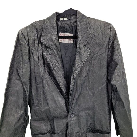 Vtg 80's Leather Trench Coat Rare Rocker Punk Tire Track Embossed Black Sz S - Picture 13 of 16